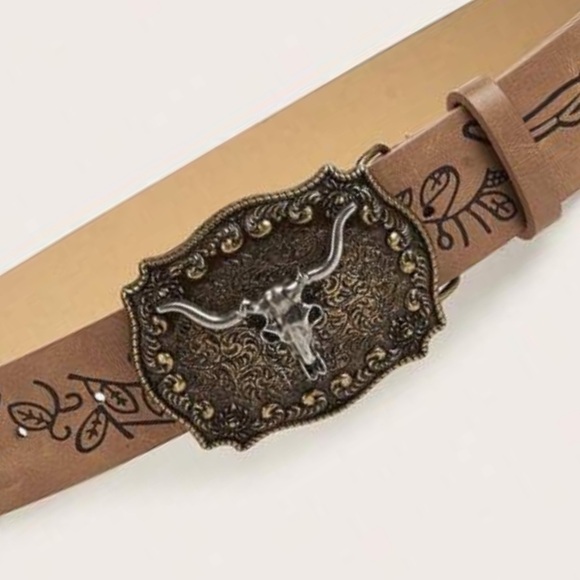 ONLY 1 LEFT of each size - Vintage Buckle PU Leather Cowboy Style Belt - Tan - Picture 2 of 7